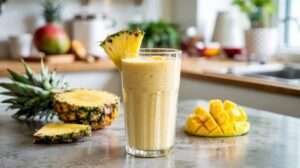 A glass of tropical cottage cheese smoothie garnished with a pineapple slice sits on a kitchen counter, surrounded by fresh pineapple, mango cubes, and various kitchen items in the background.