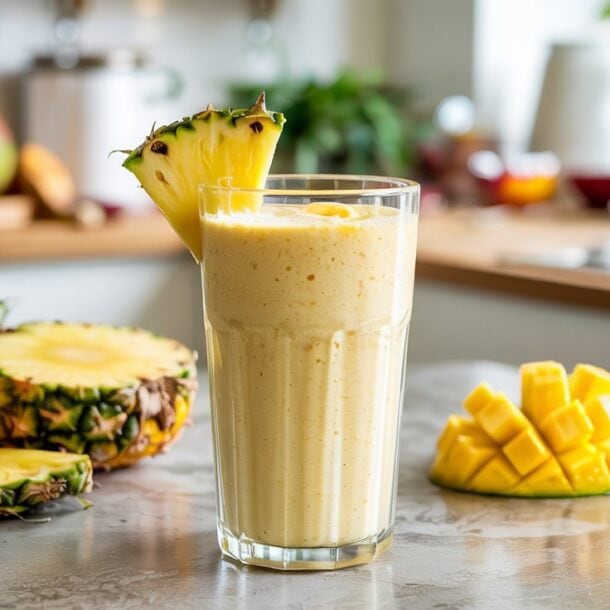 A glass of tropical cottage cheese smoothie garnished with a pineapple slice sits on a kitchen counter, surrounded by fresh pineapple, mango cubes, and various kitchen items in the background.