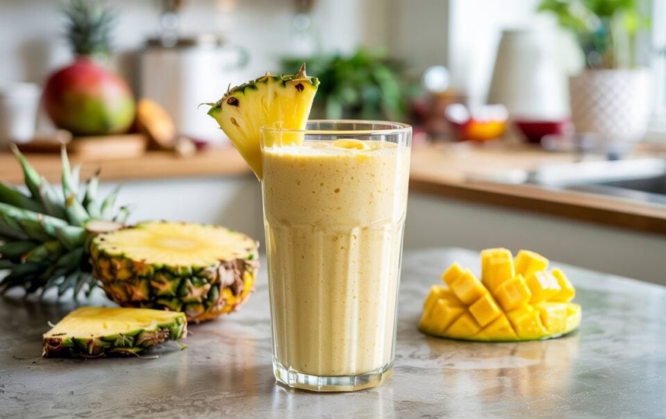 A glass of tropical cottage cheese smoothie garnished with a pineapple slice sits on a kitchen counter, surrounded by fresh pineapple, mango cubes, and various kitchen items in the background.