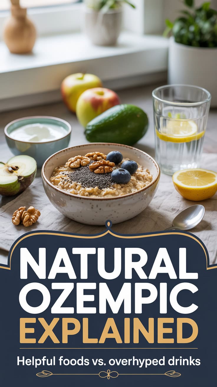 A bowl of oatmeal with walnuts, chia seeds, and blueberries sits beside yogurt, apple slices, avocado, and lemon water. Text reads: Natural Ozempic Explained—helpful foods compared to overhyped drinks.