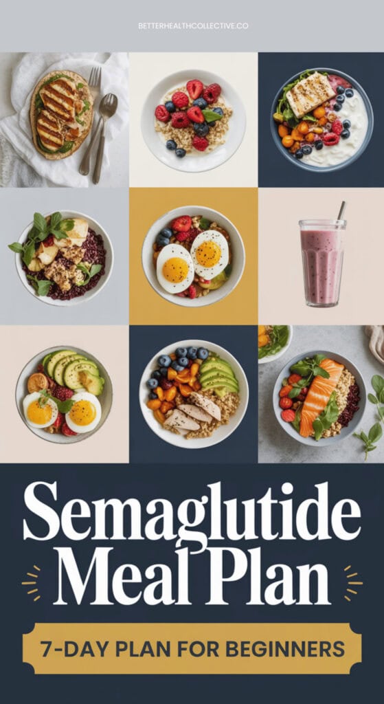 A collage of nine healthy meals and a smoothie surrounds the text Semaglutide Meal Plan: 7-Day Plan for Beginners on a dark blue background, showcasing delicious bowls perfect for those following semaglutide meal plans.