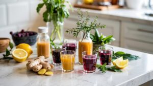 A bright kitchen scene with glasses and bottles of yellow and purple immunity shots on a marble counter, surrounded by fresh ginger, lemons, herbs, and leafy green plants.