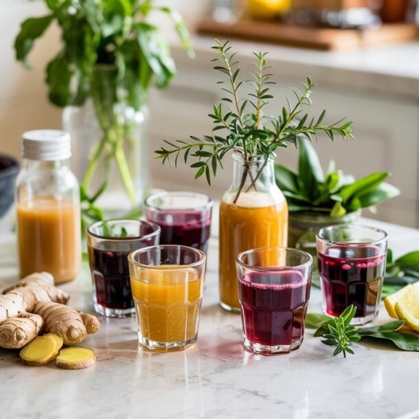 A bright kitchen scene with glasses and bottles of yellow and purple immunity shots on a marble counter, surrounded by fresh ginger, lemons, herbs, and leafy green plants.