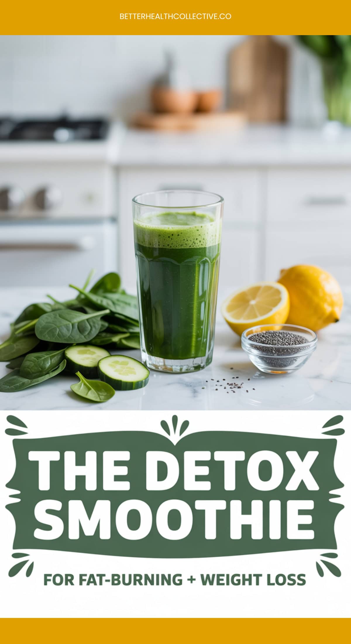 A Detox Smoothie in a glass sits on a kitchen counter next to fresh spinach, cucumber slices, a lemon, and chia seeds. Text on the image reads: The Detox Smoothie for Fat-Burning + Weight Loss.