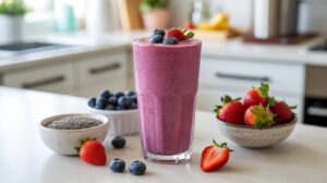 A tall glass of high-protein purple berry smoothie topped with blueberries sits on a kitchen counter, surrounded by bowls of fresh blueberries, strawberries, and chia seeds, with a few loose berries scattered around.