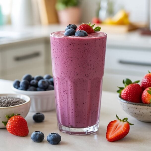 A tall glass of high-protein purple berry smoothie topped with blueberries sits on a kitchen counter, surrounded by bowls of fresh blueberries, strawberries, and chia seeds, with a few loose berries scattered around.