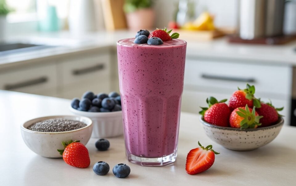 A tall glass of high-protein purple berry smoothie topped with blueberries sits on a kitchen counter, surrounded by bowls of fresh blueberries, strawberries, and chia seeds, with a few loose berries scattered around.