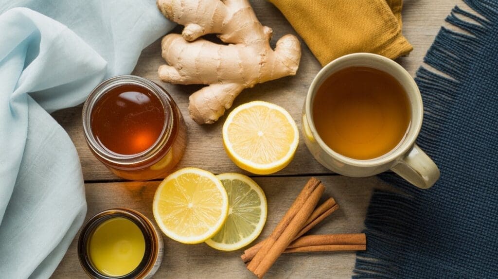 A cup of tea sits on a wooden table surrounded by ginger root, a jar of honey, sliced lemons, and cinnamon sticks—perfect natural cold remedies for the whole family—with blue and yellow cloths nearby.