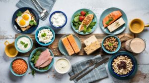 A variety of high-protein foods, perfect for answering how much protein should you eat per meal, are displayed on dishes—eggs on toast, salmon, chicken, lentils, yogurt, cottage cheese, seeds, and granola—arranged on a wooden board with napkins and cutlery.