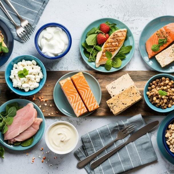 A variety of high-protein foods, perfect for answering how much protein should you eat per meal, are displayed on dishes—eggs on toast, salmon, chicken, lentils, yogurt, cottage cheese, seeds, and granola—arranged on a wooden board with napkins and cutlery.