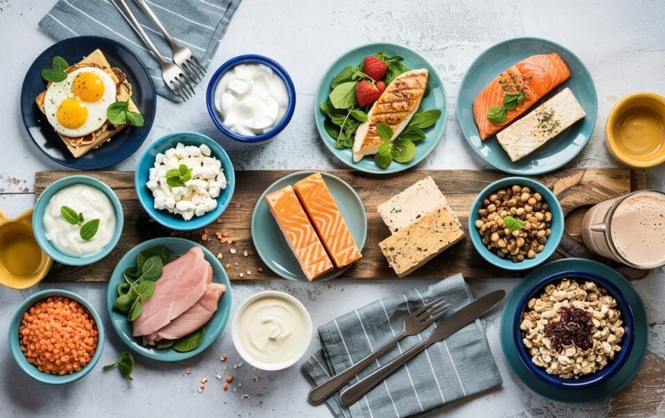 A variety of high-protein foods, perfect for answering how much protein should you eat per meal, are displayed on dishes—eggs on toast, salmon, chicken, lentils, yogurt, cottage cheese, seeds, and granola—arranged on a wooden board with napkins and cutlery.