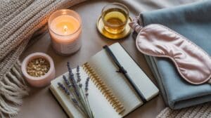 A cozy flat lay showcasing elements of an evening routine: a lit candle, open notebook with black pen, sprigs of lavender, cup of tea, pink sleep mask, folded blanket, and a bowl of dried flowers on a soft surface.