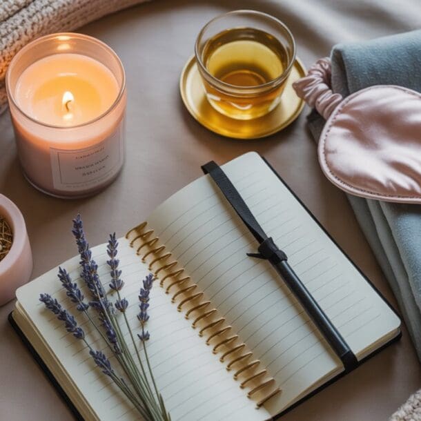 A cozy flat lay showcasing elements of an evening routine: a lit candle, open notebook with black pen, sprigs of lavender, cup of tea, pink sleep mask, folded blanket, and a bowl of dried flowers on a soft surface.