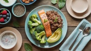 A plate with a salmon fillet, broccoli, sliced avocado, and cooked quinoa sits on a wooden table, surrounded by bowls of berries, nuts, chia seeds, and a cup of yogurt, with a fork and spoon beside it.