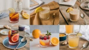 A collage of six refreshing cortisol cocktail drinks in glasses, each garnished with citrus slices or fruit, displayed on various tables with spoons, napkins, and whole oranges or ginger nearby.