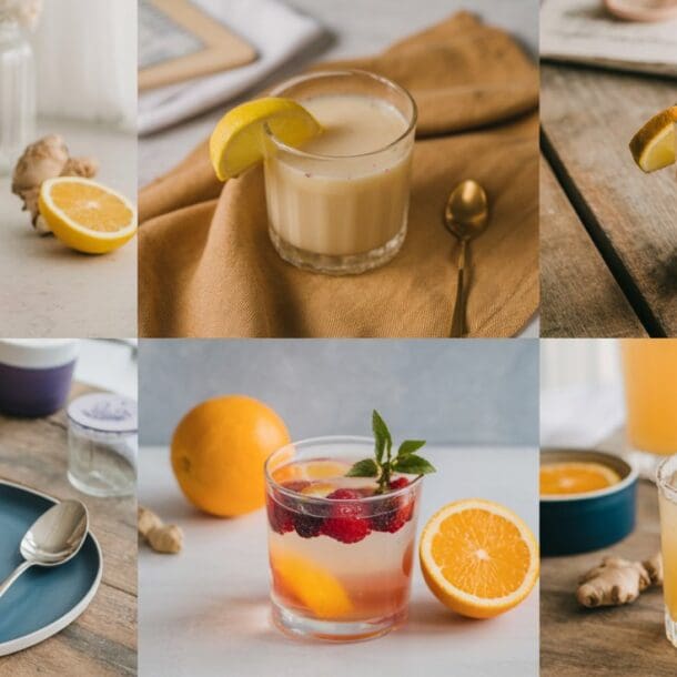 A collage of six refreshing cortisol cocktail drinks in glasses, each garnished with citrus slices or fruit, displayed on various tables with spoons, napkins, and whole oranges or ginger nearby.