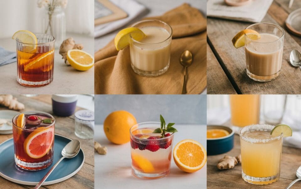 A collage of six refreshing cortisol cocktail drinks in glasses, each garnished with citrus slices or fruit, displayed on various tables with spoons, napkins, and whole oranges or ginger nearby.