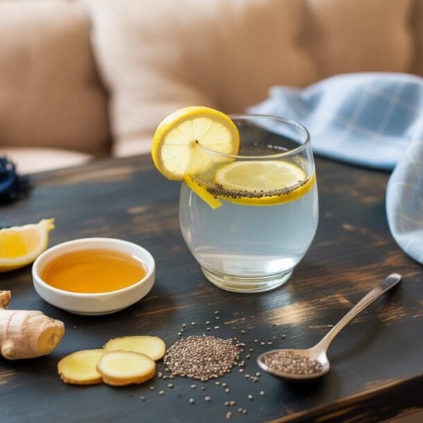 A glass of water with lemon slices and chia seeds sits on a wooden table, next to ginger root, sliced ginger, a spoonful of chia seeds, a bowl of honey, and a lemon wedge. A blue cloth is draped in the background.