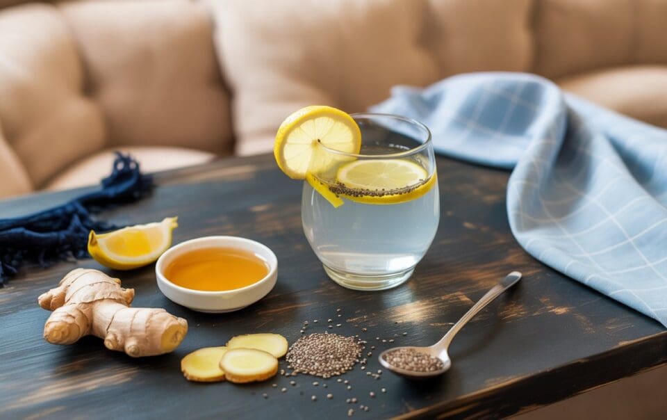 A glass of water with lemon slices and chia seeds sits on a wooden table, next to ginger root, sliced ginger, a spoonful of chia seeds, a bowl of honey, and a lemon wedge. A blue cloth is draped in the background.