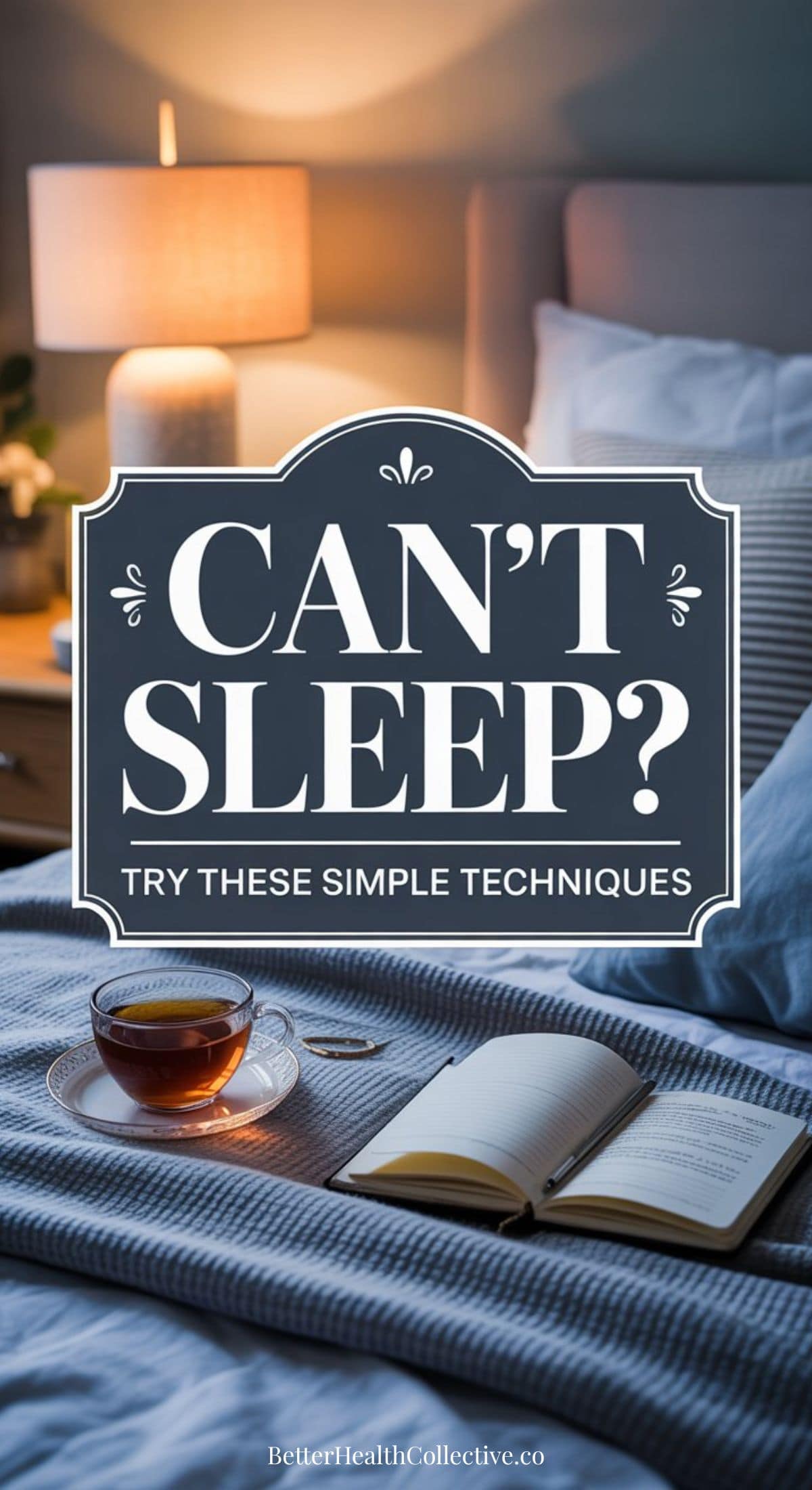 A cozy bedroom at night with a lit lamp, a neatly made bed, a cup of tea, and an open notebook on a tray. Text overlay reads: “CAN’T SLEEP? TRY THESE SIMPLE SLEEP TIPS TO CALM YOUR MIND.”.