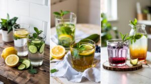 Three images of refreshing drinks: lemon and cucumber water with mint, iced tea with lemon and mint, and a berry-infused drink—each crafted to help reduce bloating for a flat tummy—all served in clear glasses with fresh ingredients.