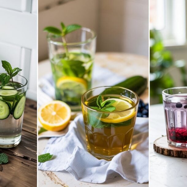Three images of refreshing drinks: lemon and cucumber water with mint, iced tea with lemon and mint, and a berry-infused drink—each crafted to help reduce bloating for a flat tummy—all served in clear glasses with fresh ingredients.