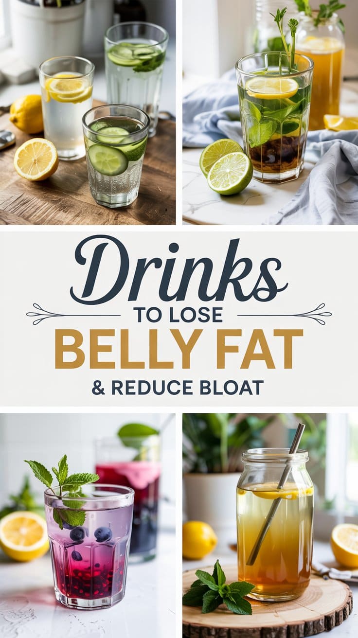 A collage of healthy drinks with fruits and herbs, including a belly fat burner drink like lemon water, cucumber water, lime and mint tea, berry-infused water, and a yellow herbal tea. Text reads: Drinks to lose belly fat & reduce bloat.
