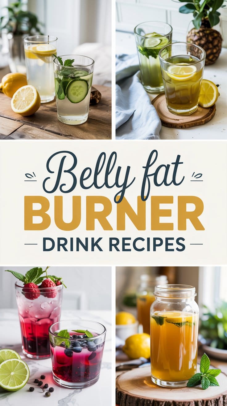 A collage of four healthy drinks with fruit and herbs—lemon, cucumber, berries, and mint. Text in the center reads belly fat burner drink recipes. Each belly fat burner drink is served in a clear glass.