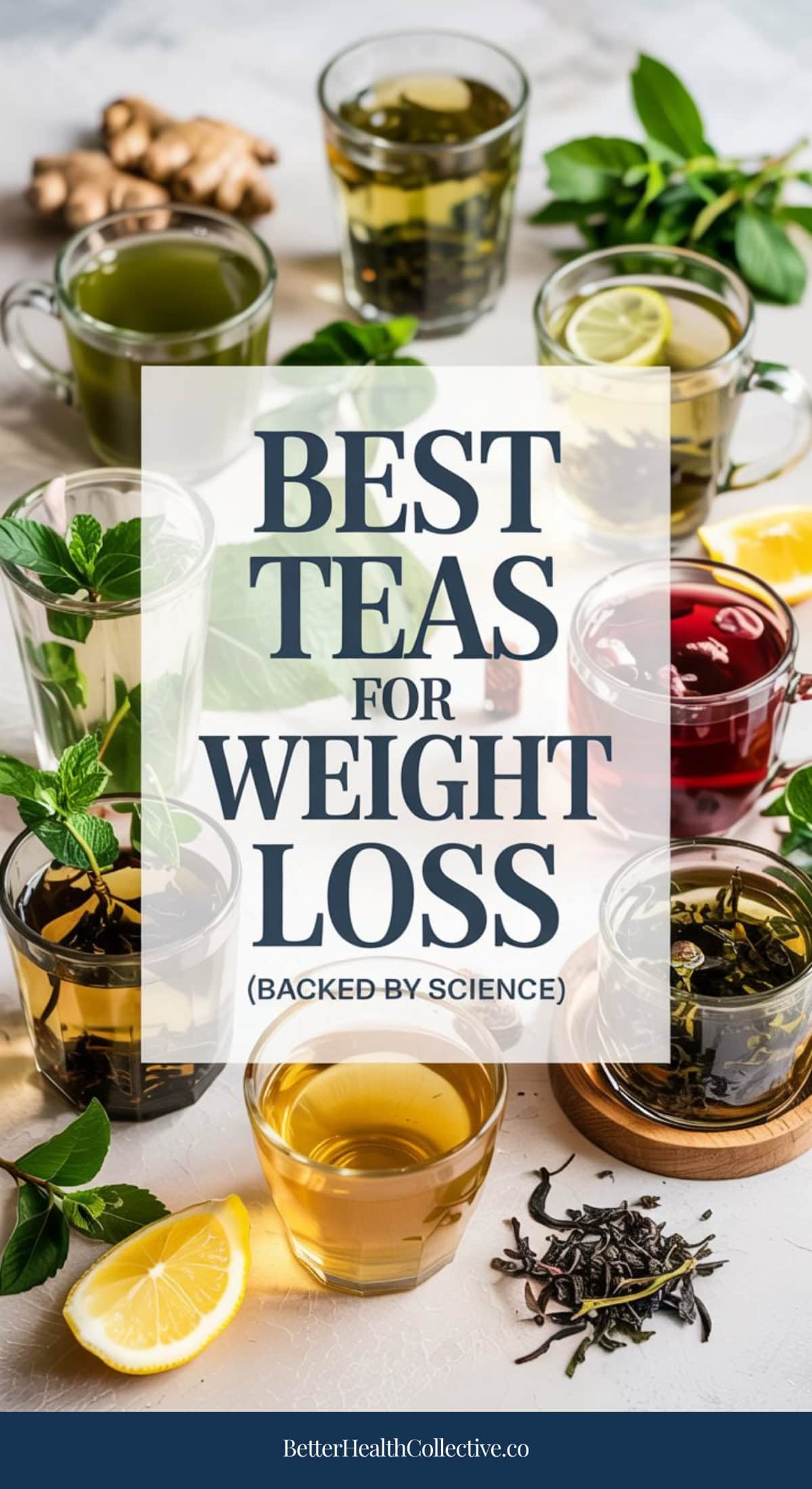 Several cups of the best teas for weight loss in assorted flavors, garnished with mint, lemon, and ginger, arranged on a table. Overlaid text reads: “Best Teas for Weight Loss (Backed by Science).”.