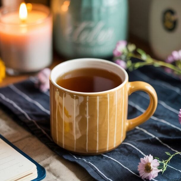 A striped yellow mug filled with one of the best teas for weight loss sits on a blue cloth, surrounded by purple flowers, a lit candle, an open notebook, and soft natural light from a nearby window.