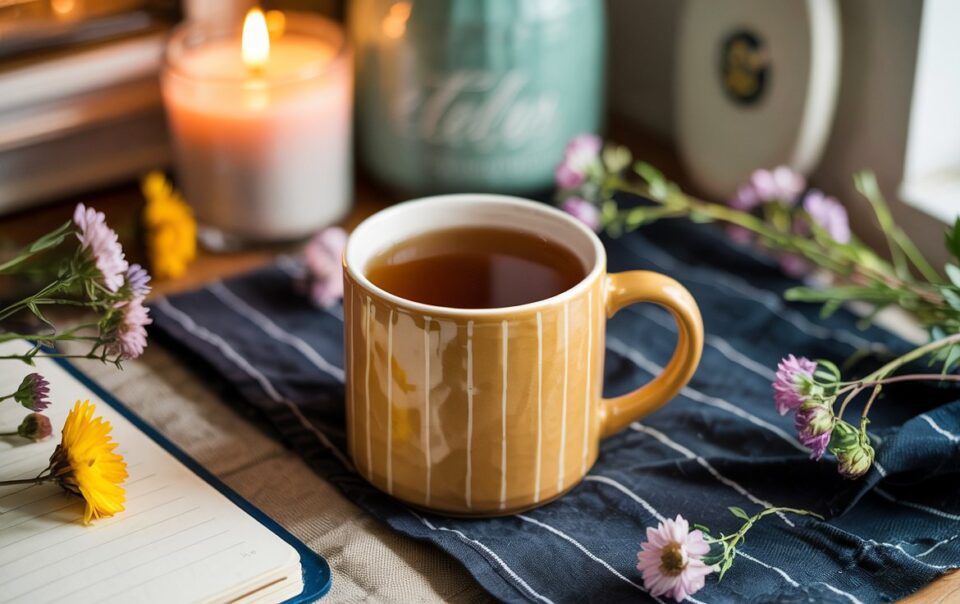 A striped yellow mug filled with one of the best teas for weight loss sits on a blue cloth, surrounded by purple flowers, a lit candle, an open notebook, and soft natural light from a nearby window.
