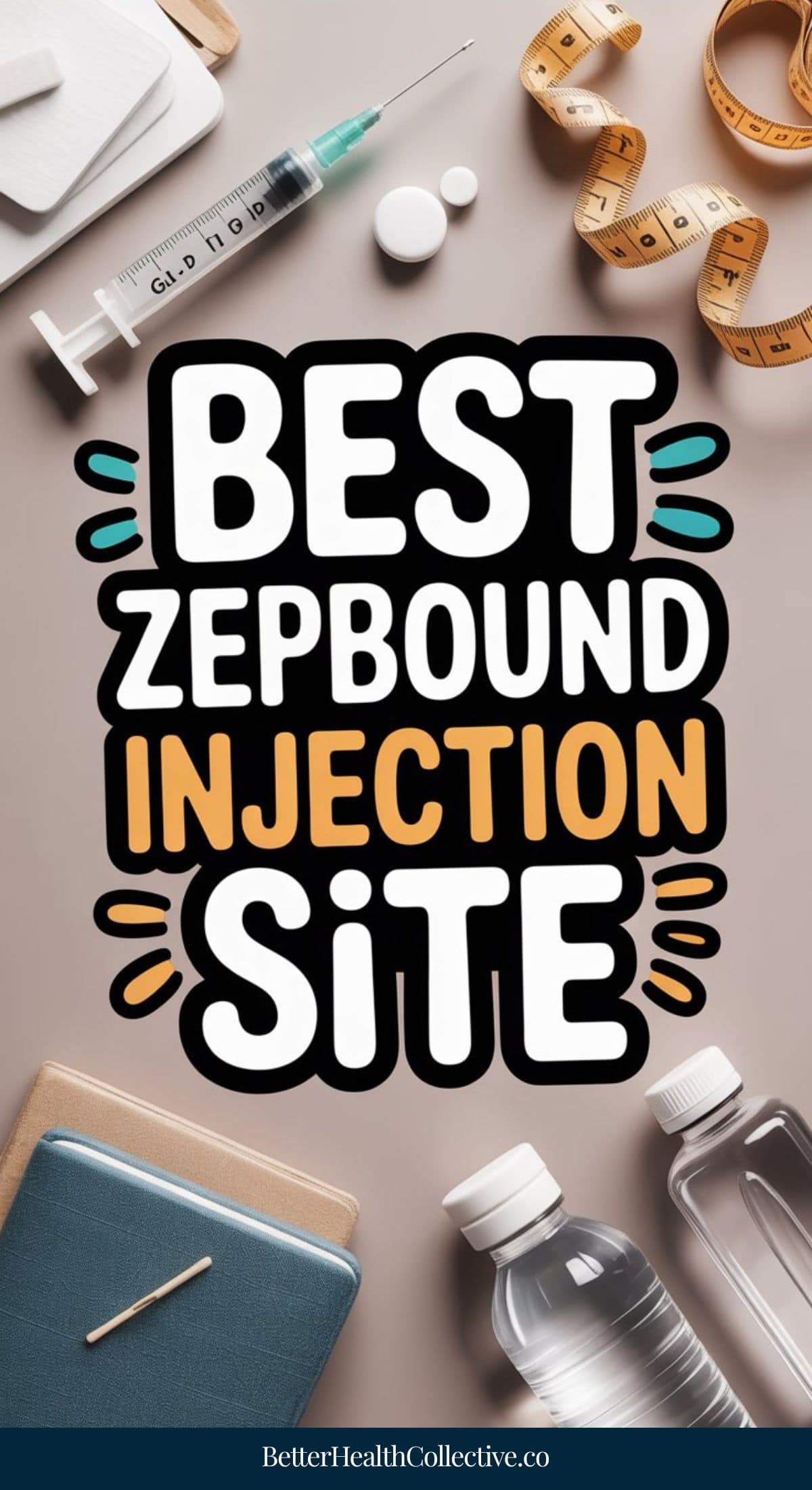 Flat lay of a syringe, vial, tape measure, and notebook around bold text reading “Best Zepbound Injection Site.” The background is neutral, highlighting where to inject for the best results and optimal Zepbound injection sites.