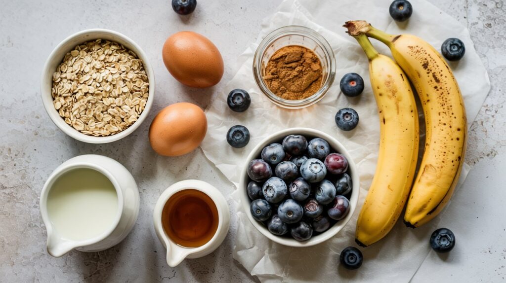 A flat lay of ingredients for healthy breakfast baked oatmeal cups includes rolled oats, two eggs, a bowl of blueberries, two bananas, milk, cinnamon, syrup, and loose blueberries on a light background.