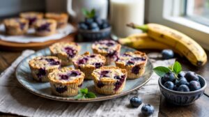 A plate of blueberry muffins sits on a table with fresh blueberries and bananas nearby, evoking the flavors of Blueberry Banana Baked Oatmeal. Additional muffins, a glass of milk, and a bowl of blueberries are in the background by a sunlit window.