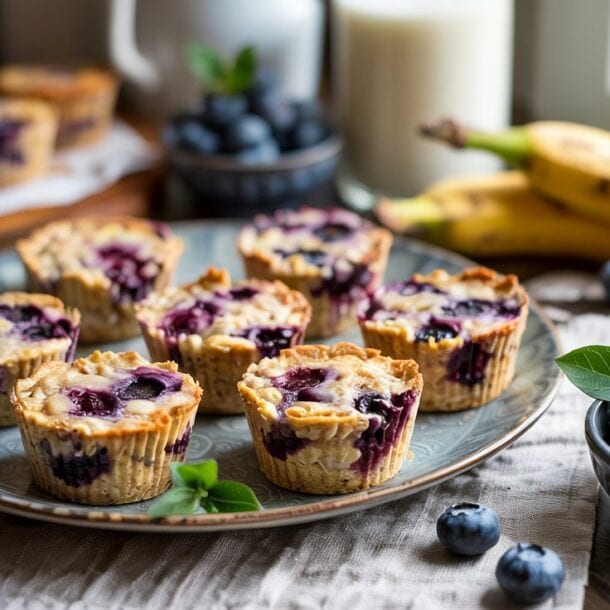 A plate of blueberry muffins sits on a table with fresh blueberries and bananas nearby, evoking the flavors of Blueberry Banana Baked Oatmeal. Additional muffins, a glass of milk, and a bowl of blueberries are in the background by a sunlit window.