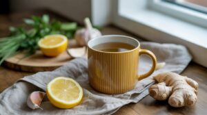 A yellow mug filled with tea sits on a cloth next to fresh ginger, garlic, and a halved lemon—ingredients often praised for their bone broth benefits. More lemon and herbs rest on a wooden board in the background by a window.
