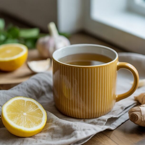 A yellow mug filled with tea sits on a cloth next to fresh ginger, garlic, and a halved lemon—ingredients often praised for their bone broth benefits. More lemon and herbs rest on a wooden board in the background by a window.