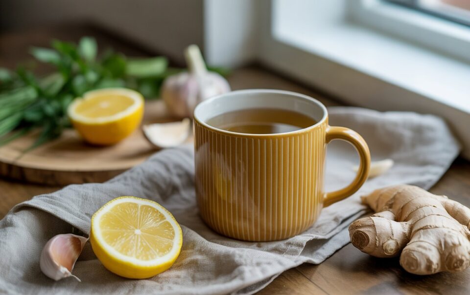 A yellow mug filled with tea sits on a cloth next to fresh ginger, garlic, and a halved lemon—ingredients often praised for their bone broth benefits. More lemon and herbs rest on a wooden board in the background by a window.