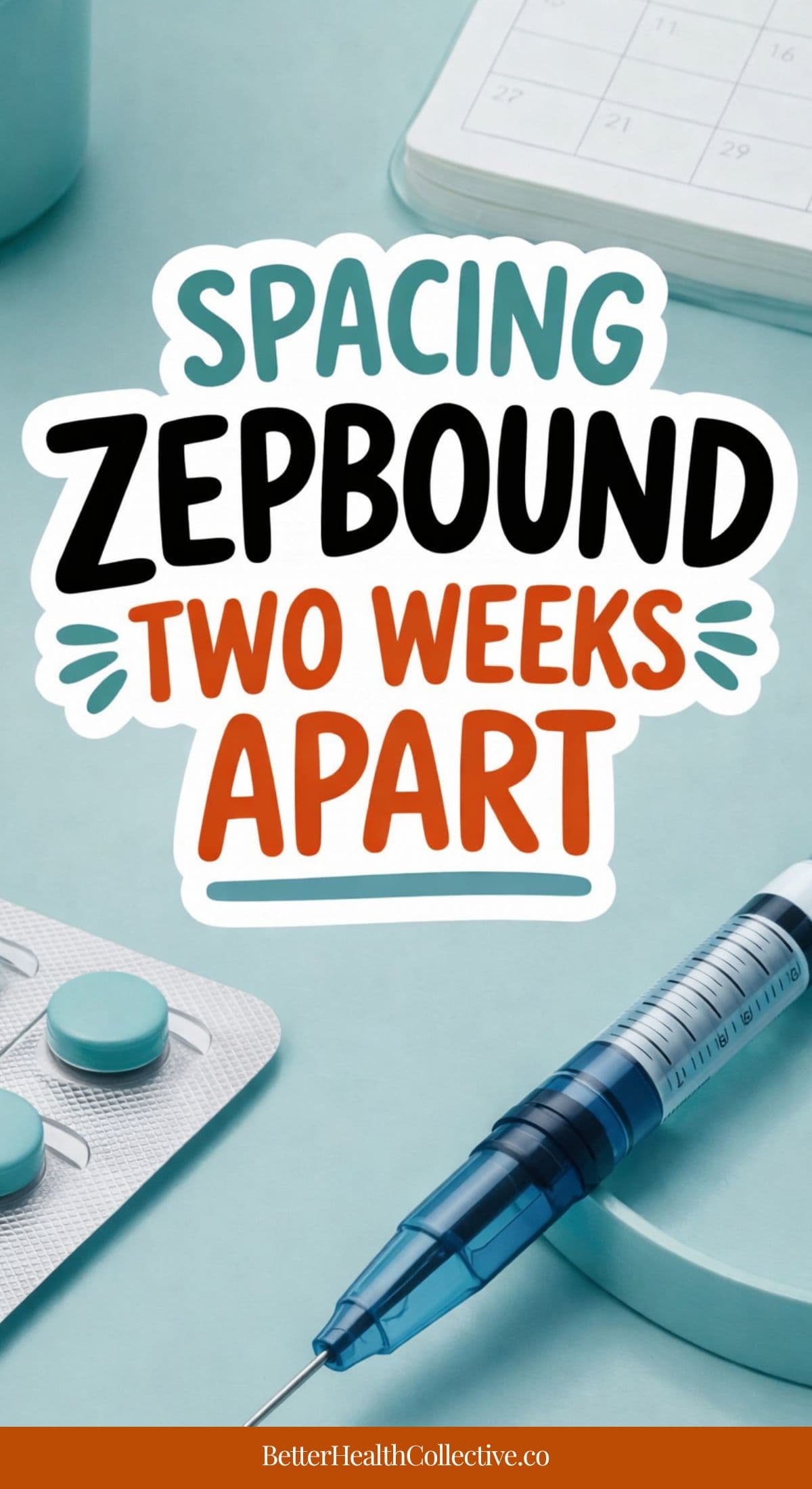 A syringe, round blue pills in a blister pack, and a calendar are shown next to text that reads, Spacing Zepbound Dosage Two Weeks Apart. The website BetterHealthCollective.co is at the bottom.