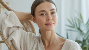 A young woman with light skin and straight brown hair, wearing a loose beige top, sits in a bright room with a hand behind her head, smiling softly. Her glowing skin stands out against green plants and light curtains in the background.