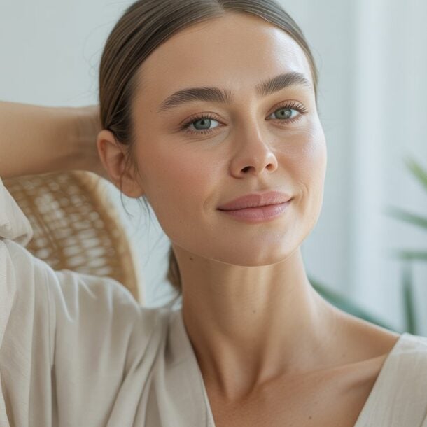 A young woman with light skin and straight brown hair, wearing a loose beige top, sits in a bright room with a hand behind her head, smiling softly. Her glowing skin stands out against green plants and light curtains in the background.