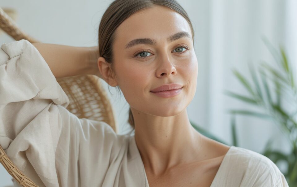 A young woman with light skin and straight brown hair, wearing a loose beige top, sits in a bright room with a hand behind her head, smiling softly. Her glowing skin stands out against green plants and light curtains in the background.