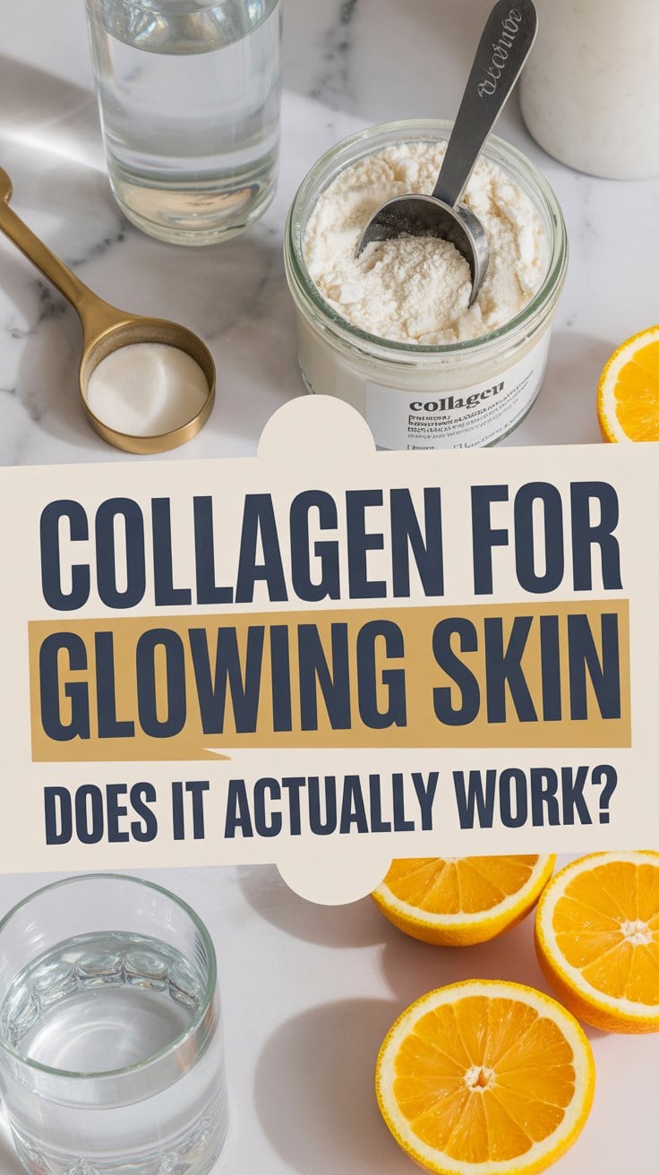 A jar of collagen supplements with a spoon, two glasses of water, orange slices, and a scoop of powder on marble. Text overlay reads, Collagen for glowing skin. Does it actually work?.