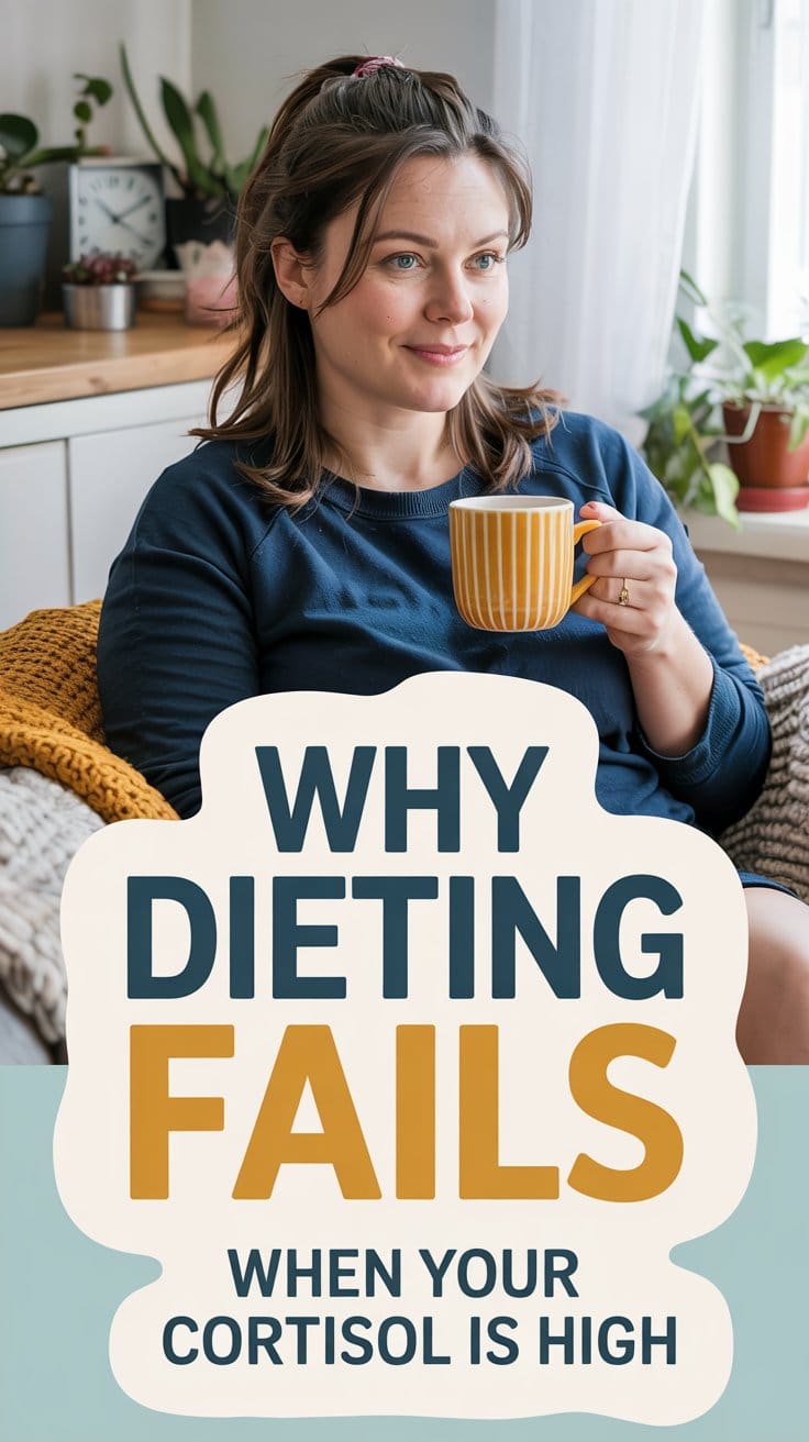 A woman sits on a cozy chair holding a striped mug and smiling. Text on the image reads: Why dieting fails when your cortisol is high. Discover how to lose weight without dieting in a bright, homey room with plants in the background.