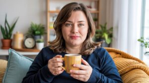 A woman with shoulder-length brown hair sits on a cozy couch, holding a yellow mug. Smiling softly and surrounded by houseplants, she enjoys the peaceful moment—proof you can lose weight without dieting in a relaxing, comfortable home setting.
