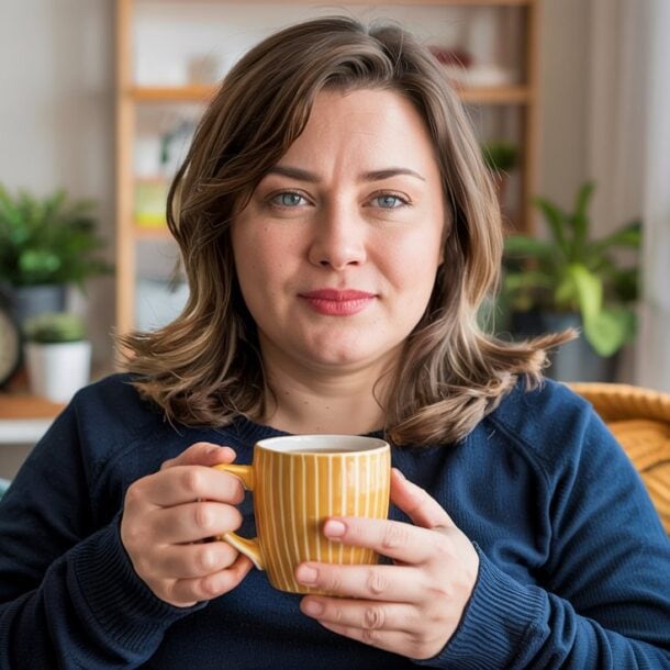 A woman with shoulder-length brown hair sits on a cozy couch, holding a yellow mug. Smiling softly and surrounded by houseplants, she enjoys the peaceful moment—proof you can lose weight without dieting in a relaxing, comfortable home setting.