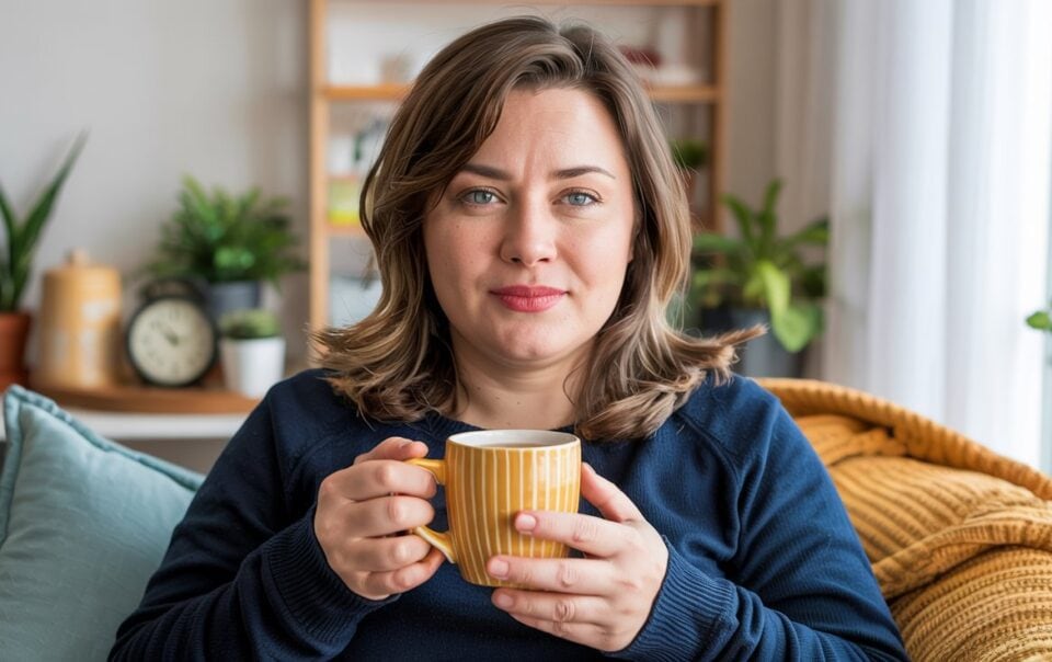 A woman with shoulder-length brown hair sits on a cozy couch, holding a yellow mug. Smiling softly and surrounded by houseplants, she enjoys the peaceful moment—proof you can lose weight without dieting in a relaxing, comfortable home setting.