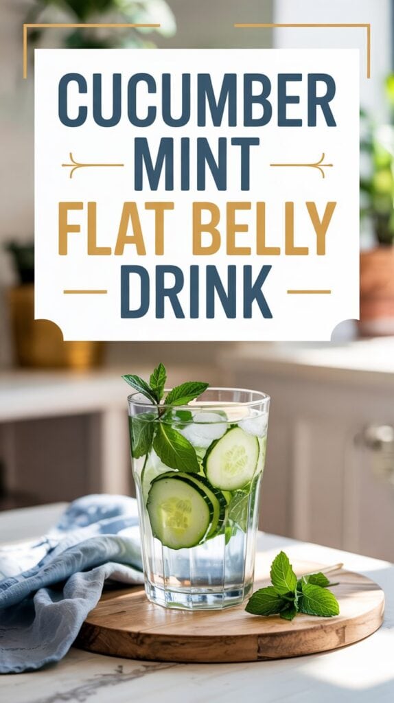 A glass of water with cucumber and mint slices sits on a wooden board, garnished with mint leaves. Nearby is a small bunch of mint and a cloth. Text above reads, “Cucumber Mint Belly Fat Burner Drink.”.