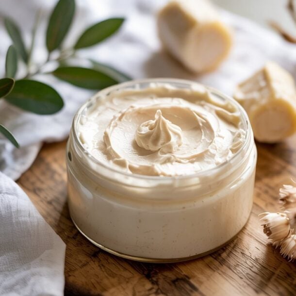 A glass jar of creamy DIY Body Butter sits on a wooden tray, surrounded by green leaves, a white cloth, dried flowers, and pieces of shea butter. Natural light highlights the smooth texture, promising glowing skin and soft skin.