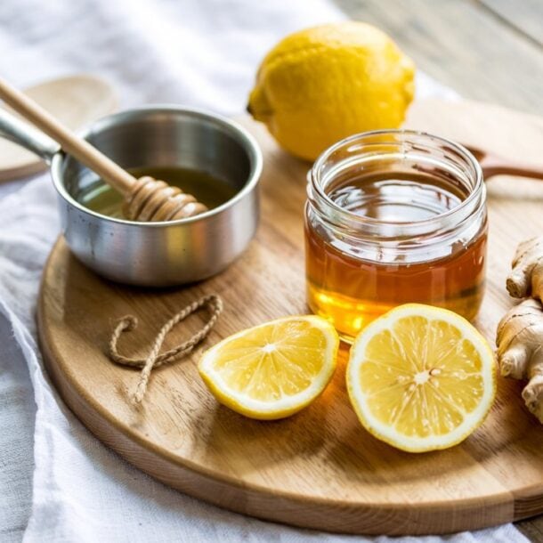 A wooden board with a jar of honey, sliced lemon, whole lemon, fresh ginger root, and a small bowl of honey with a dipper—classic ingredients for DIY Natural Cough Syrup—arranged on a white cloth on a rustic wooden table.